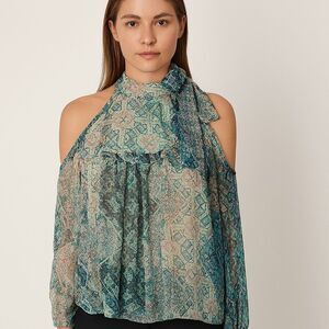 Libby. Edelman Boho Sheer Neck Tie Cold Shoulder Top